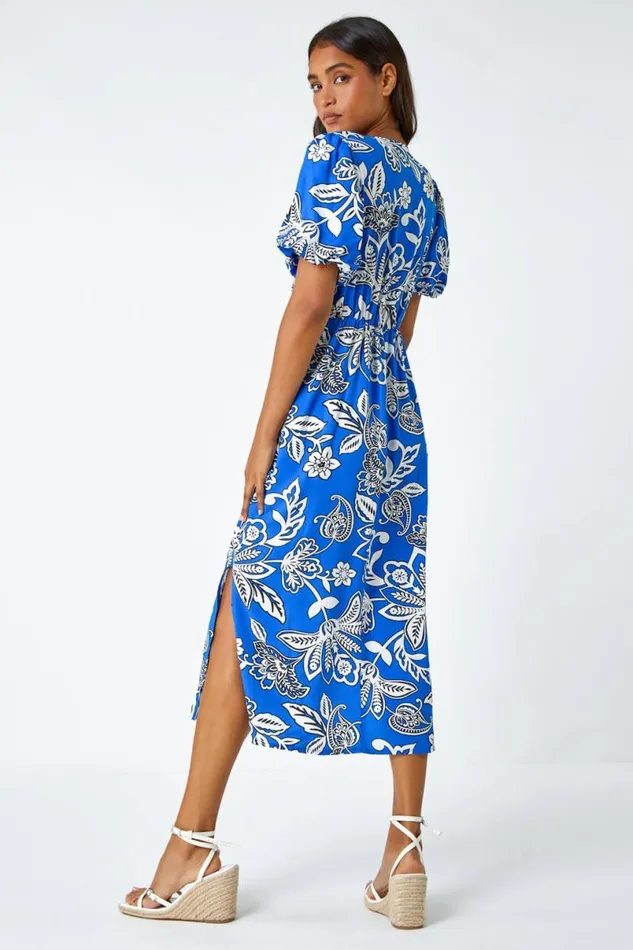 Royal Blue Bold Floral Stretch Midi Dress Women Roman Dresses