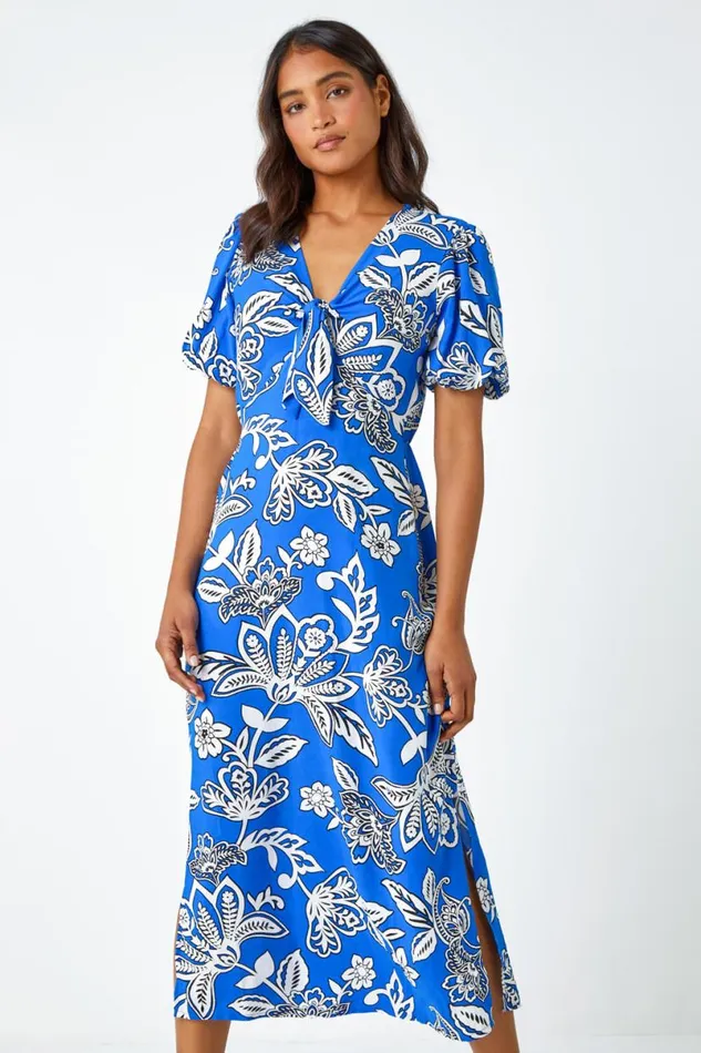 Royal Blue Bold Floral Stretch Midi Dress Women Roman Dresses