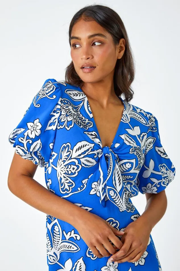 Royal Blue Bold Floral Stretch Midi Dress Women Roman Dresses