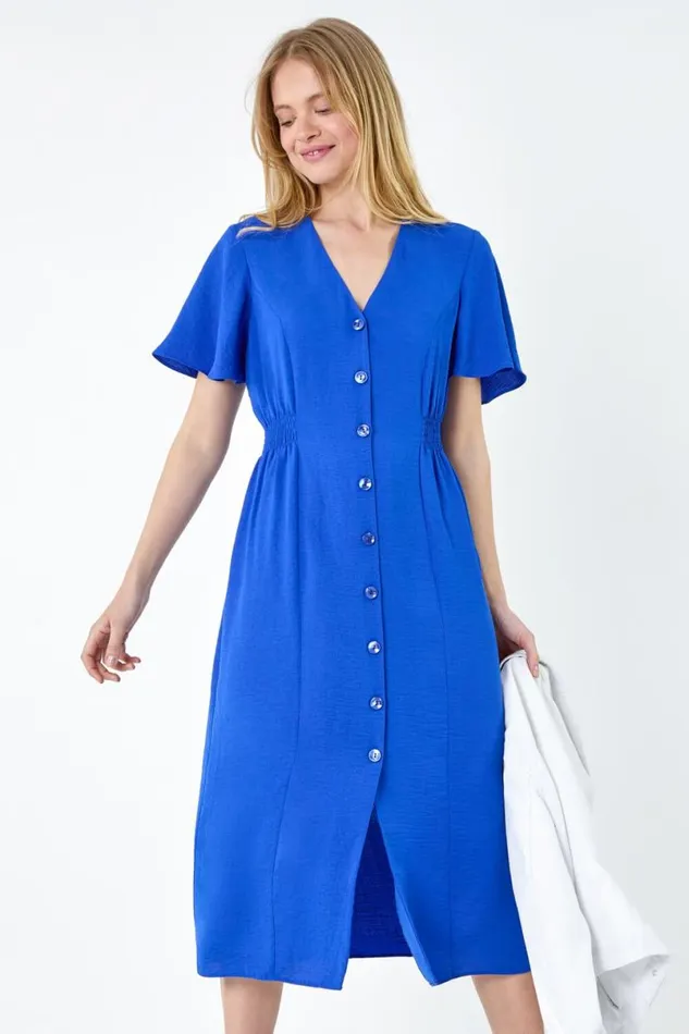 Royal Blue Button Through Shirred Midi Dress Women Roman Dresses
