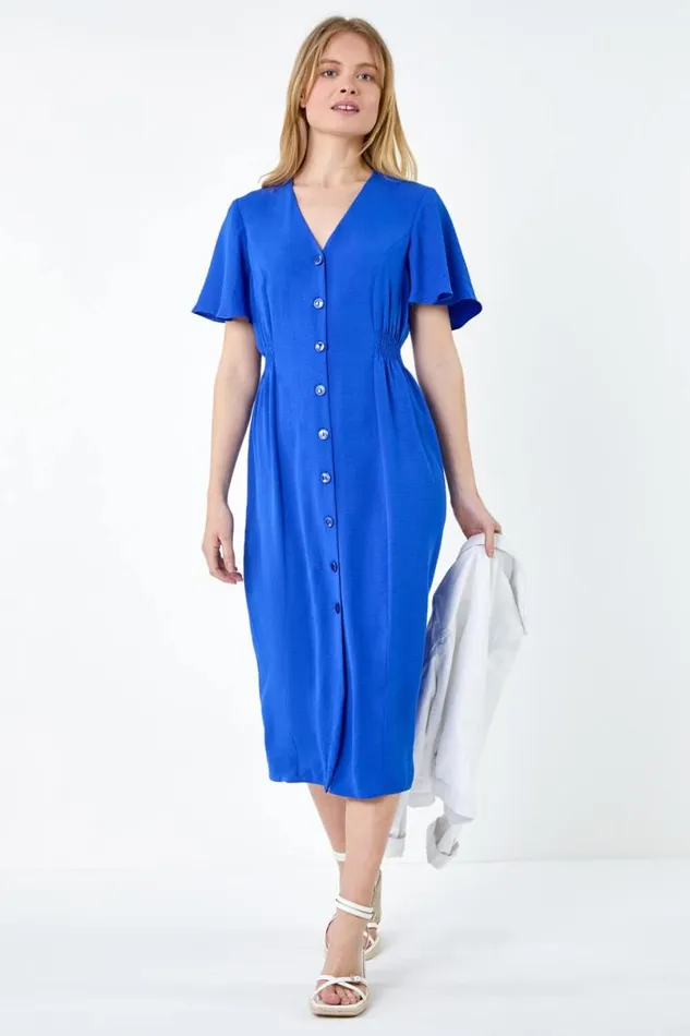 Royal Blue Button Through Shirred Midi Dress Women Roman Dresses