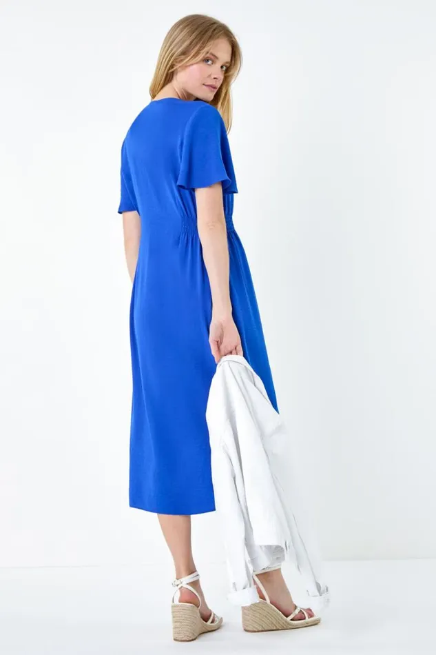 Royal Blue Button Through Shirred Midi Dress Women Roman Dresses