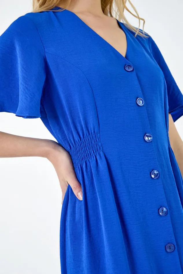 Royal Blue Button Through Shirred Midi Dress Women Roman Dresses