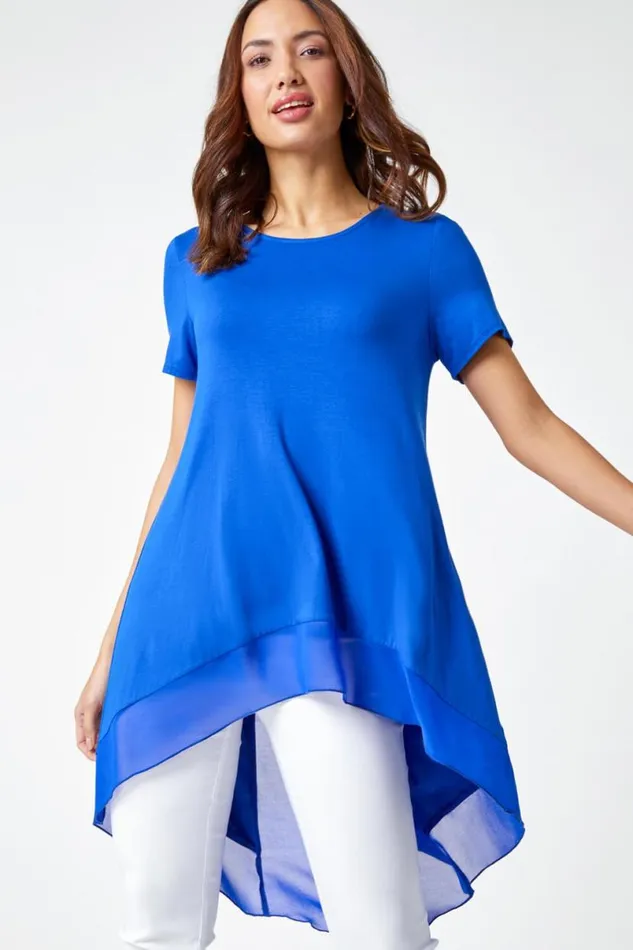 Royal Blue Chiffon Dipped Hem Asymmetric Tunic Top Women Roman Tops