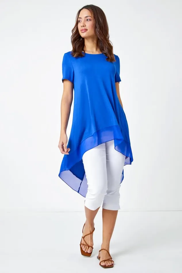 Royal Blue Chiffon Dipped Hem Asymmetric Tunic Top Women Roman Tops