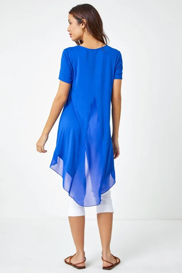 Royal Blue Chiffon Dipped Hem Asymmetric Tunic Top Women Roman Tops