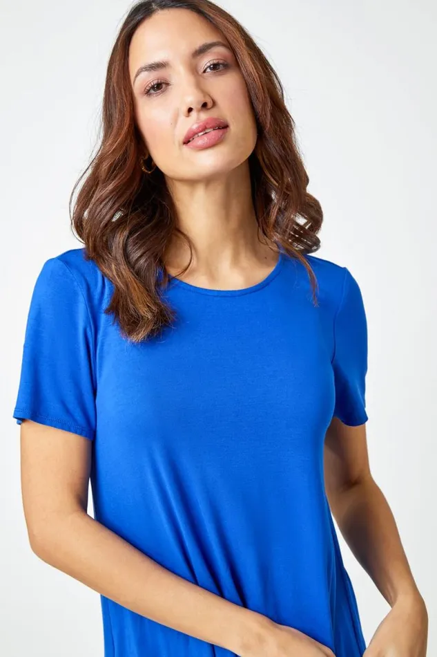 Royal Blue Chiffon Dipped Hem Asymmetric Tunic Top Women Roman Tops