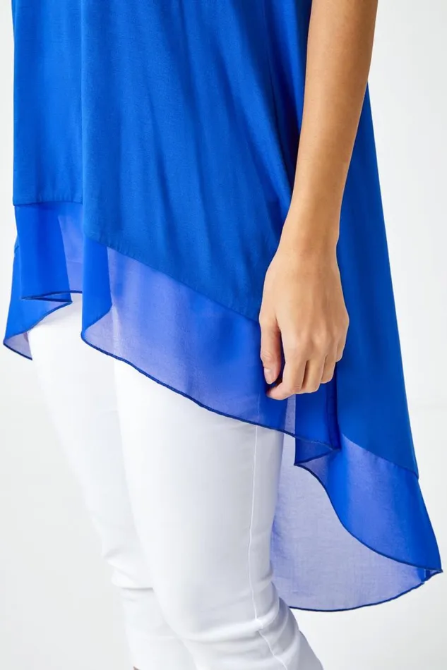 Royal Blue Chiffon Dipped Hem Asymmetric Tunic Top Women Roman Tops