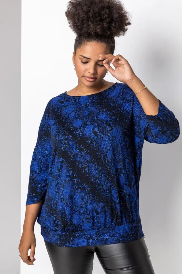 Royal Blue Curve Batwing Sparkle Snake Print Top Women Roman Tops