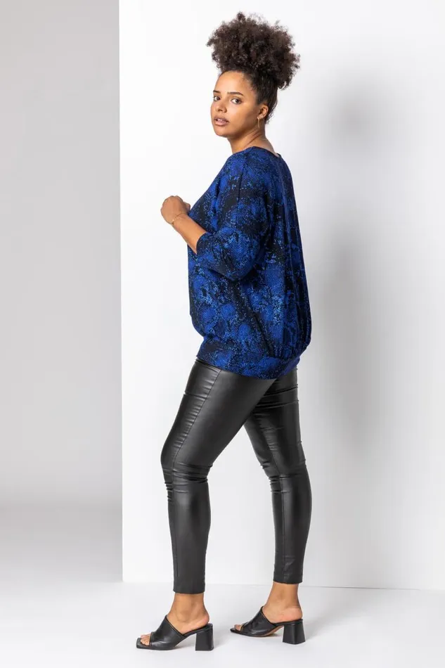 Royal Blue Curve Batwing Sparkle Snake Print Top Women Roman Tops