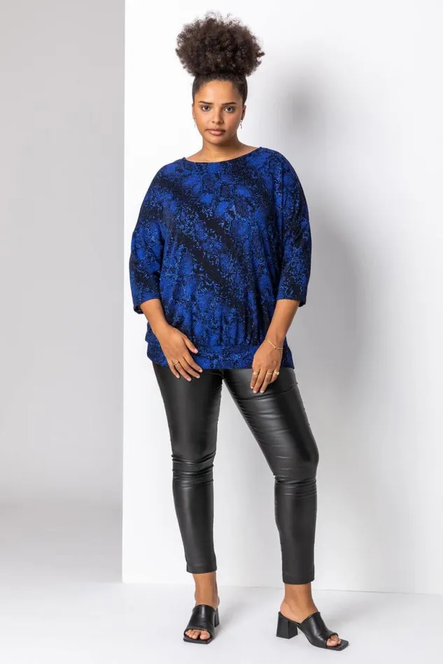 Royal Blue Curve Batwing Sparkle Snake Print Top Women Roman Tops