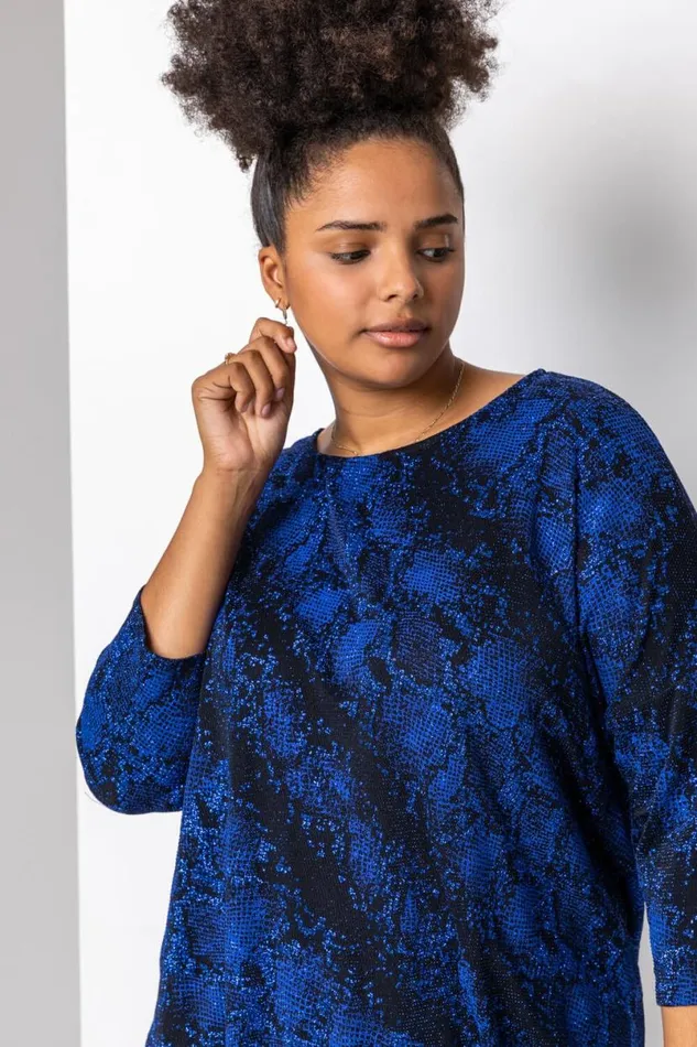 Royal Blue Curve Batwing Sparkle Snake Print Top Women Roman Tops