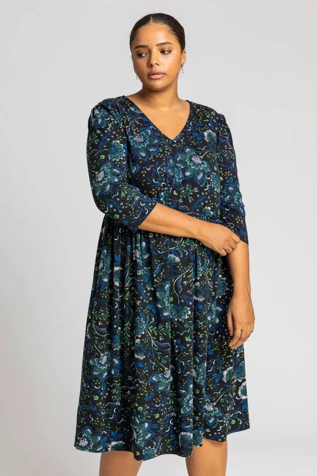 Royal Blue Curve Boho Floral Print Midi Dress Women Roman Dresses