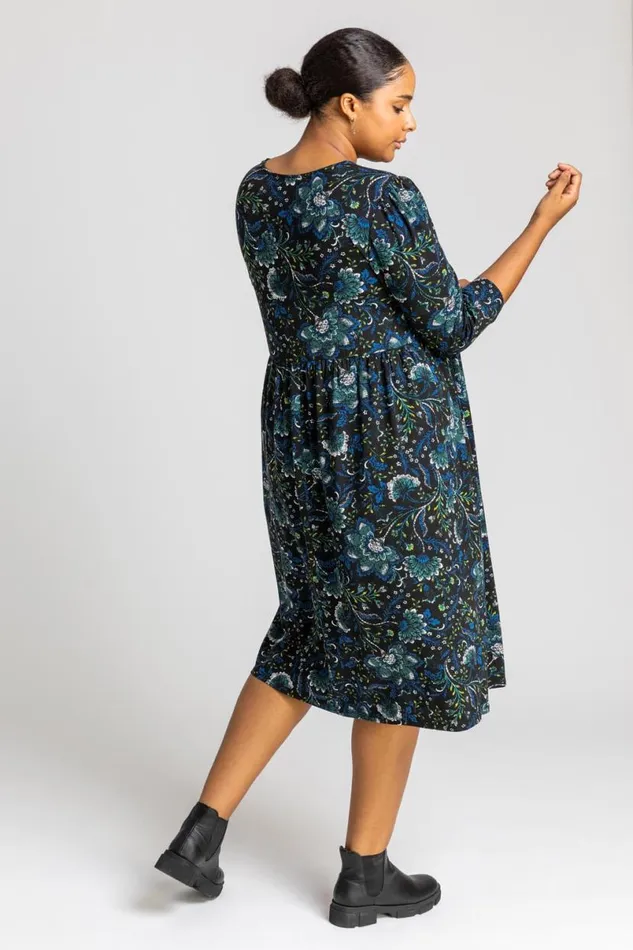 Royal Blue Curve Boho Floral Print Midi Dress Women Roman Dresses