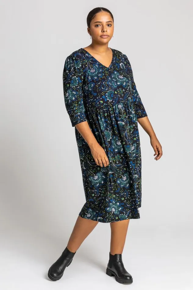 Royal Blue Curve Boho Floral Print Midi Dress Women Roman Dresses