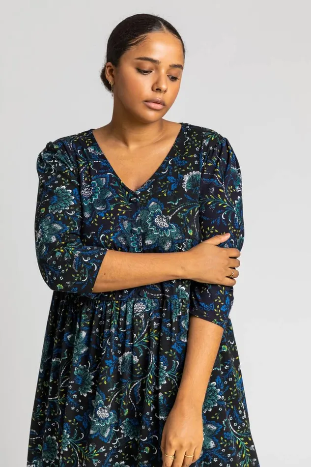 Royal Blue Curve Boho Floral Print Midi Dress Women Roman Dresses