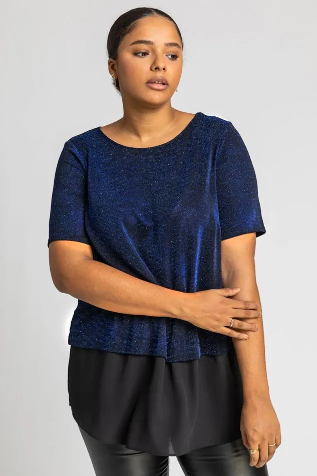 Royal Blue Curve Sparkle Overlay Tunic Top Women Roman Tops