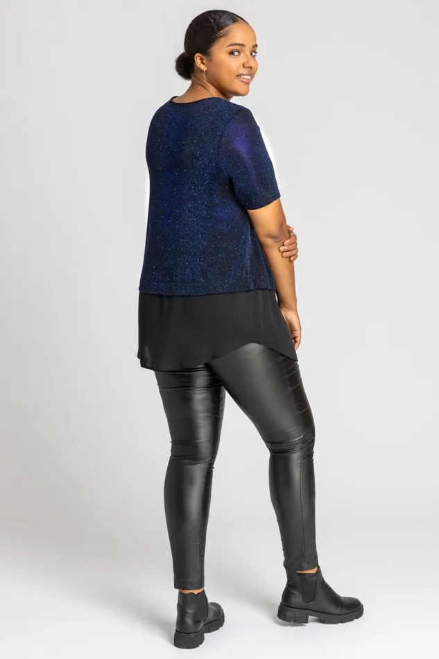 Royal Blue Curve Sparkle Overlay Tunic Top Women Roman Tops