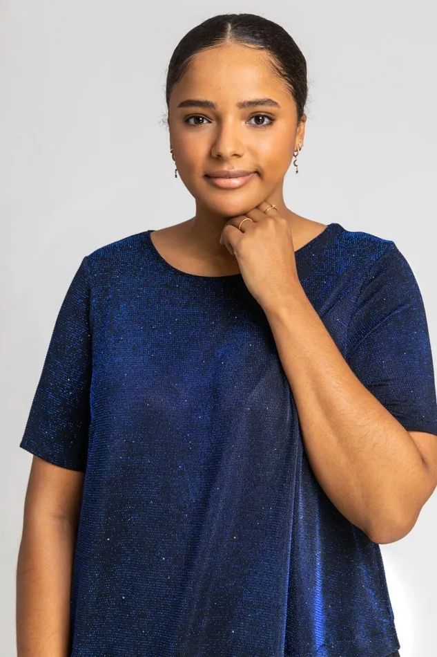 Royal Blue Curve Sparkle Overlay Tunic Top Women Roman Tops
