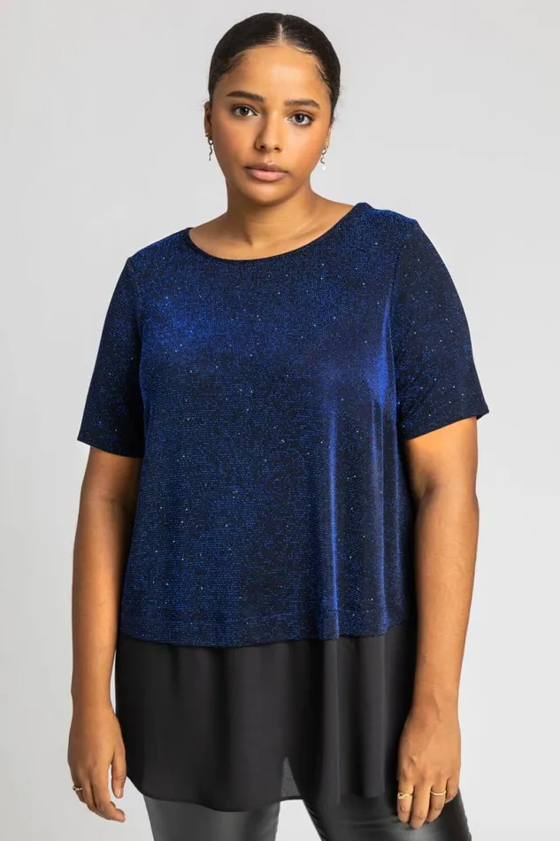 Royal Blue Curve Sparkle Overlay Tunic Top Women Roman Tops