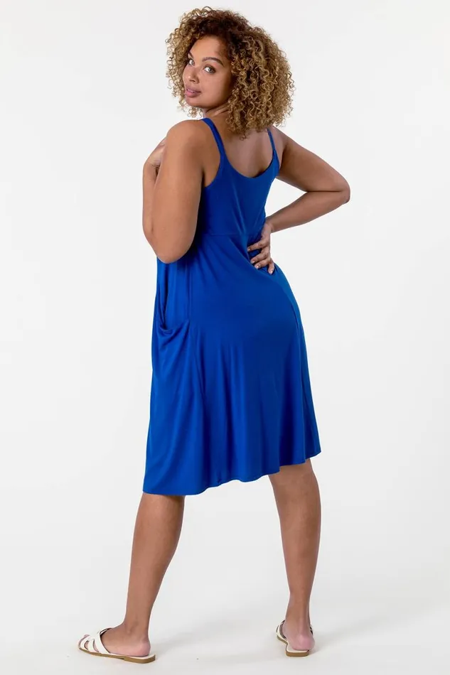 Royal Blue Curve Strappy Pocket Sun Dress Women Roman Dresses