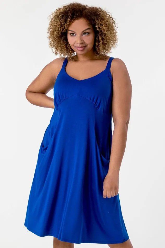 Royal Blue Curve Strappy Pocket Sun Dress Women Roman Dresses