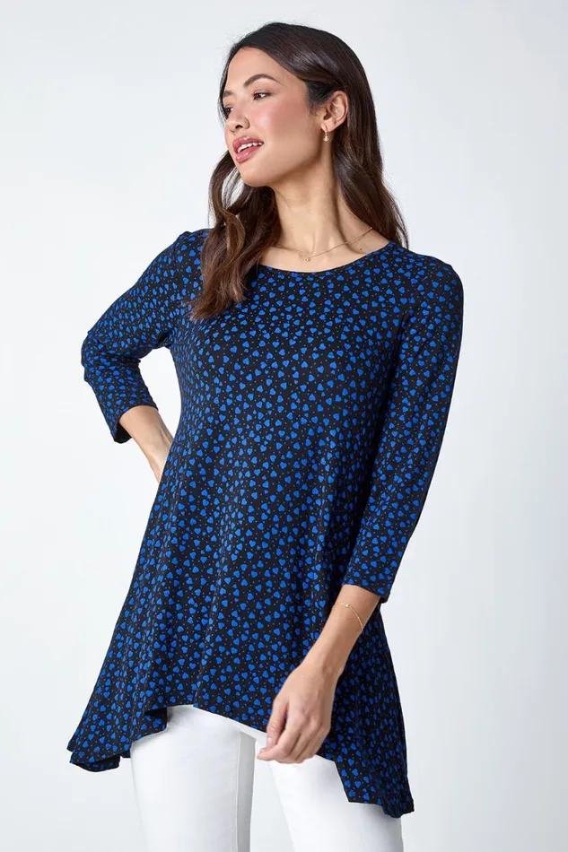 Royal Blue Ditsy Heart Stretch Hanky Hem Top Women Roman Tops