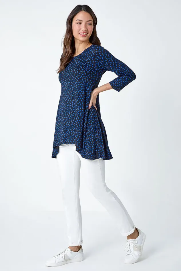 Royal Blue Ditsy Heart Stretch Hanky Hem Top Women Roman Tops
