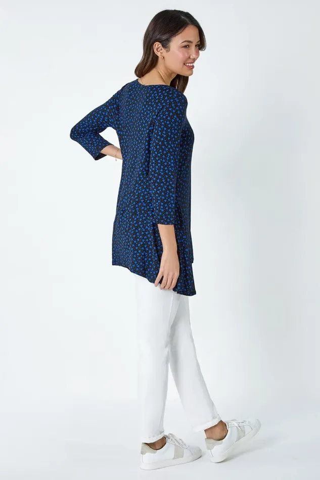 Royal Blue Ditsy Heart Stretch Hanky Hem Top Women Roman Tops