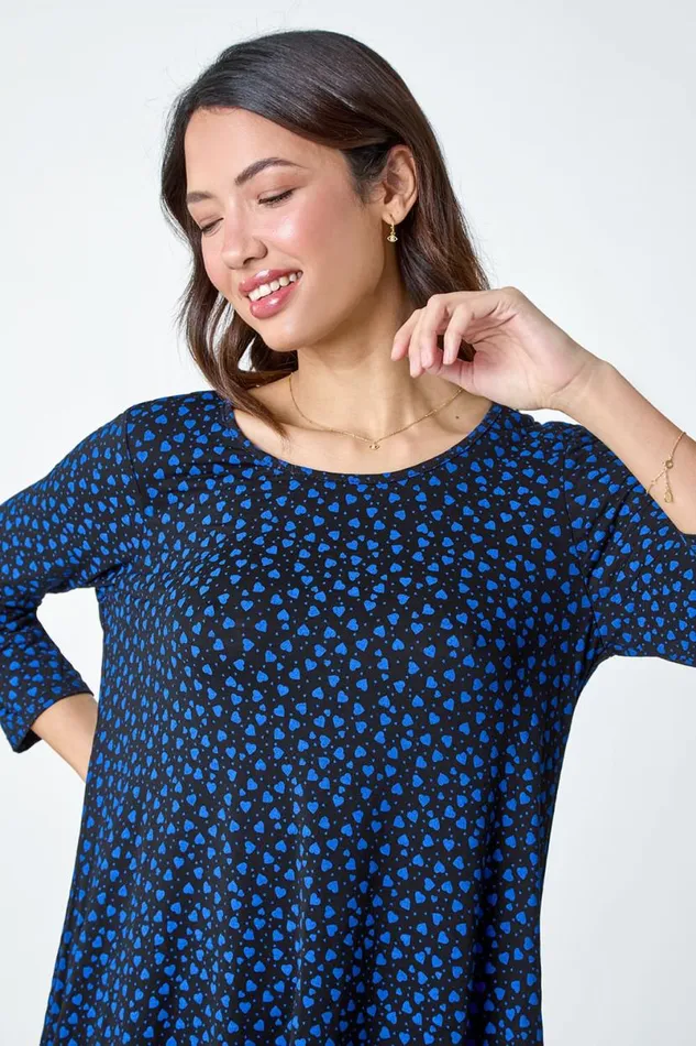 Royal Blue Ditsy Heart Stretch Hanky Hem Top Women Roman Tops