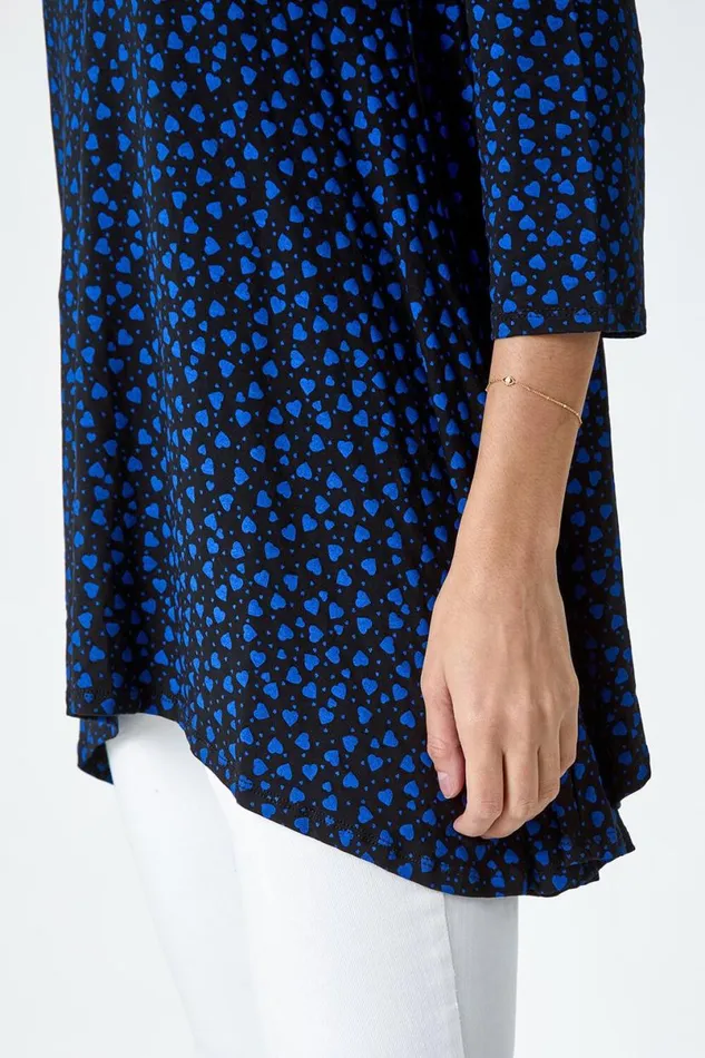 Royal Blue Ditsy Heart Stretch Hanky Hem Top Women Roman Tops