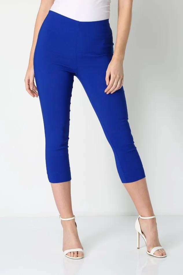 Royal Blue Elastic Waist Stretch Cropped Trousers Women Roman Trousers