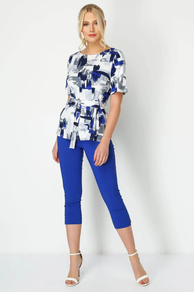 Royal Blue Elastic Waist Stretch Cropped Trousers Women Roman Trousers