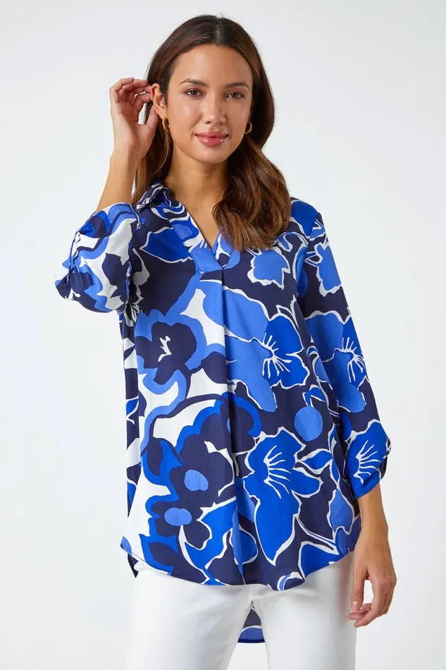 Royal Blue Floral Print VNeck Pleat Front Top Women Roman Tops