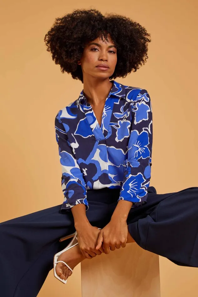 Royal Blue Floral Print VNeck Pleat Front Top Women Roman Tops