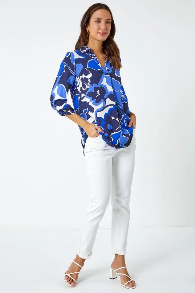 Royal Blue Floral Print VNeck Pleat Front Top Women Roman Tops
