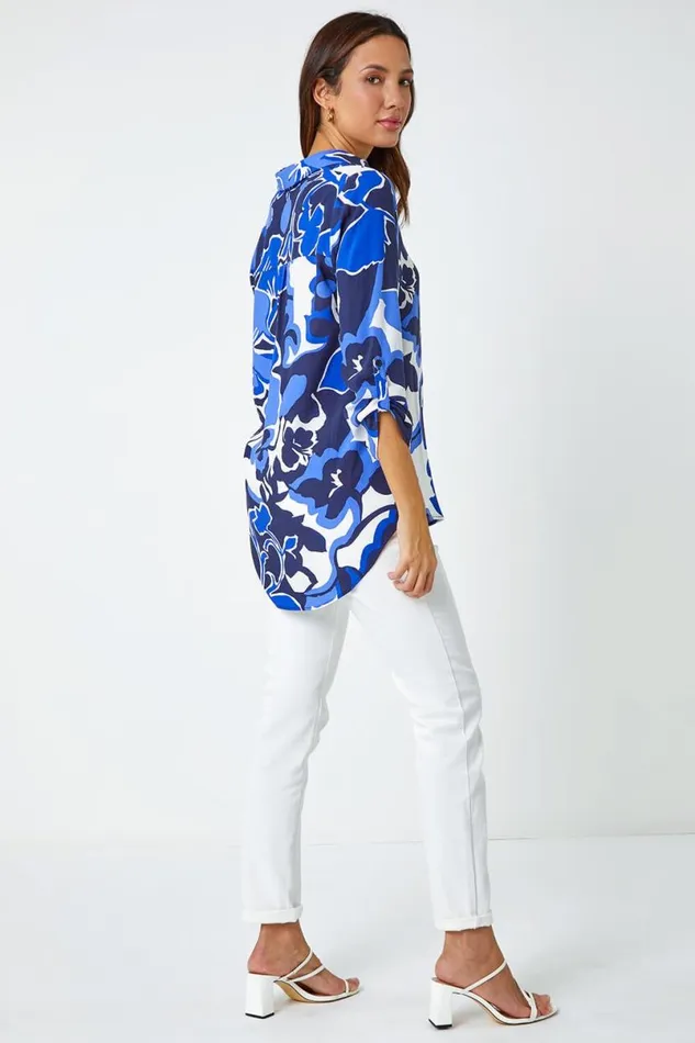 Royal Blue Floral Print VNeck Pleat Front Top Women Roman Tops