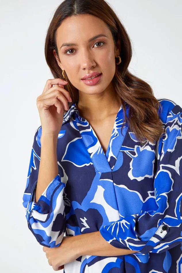 Royal Blue Floral Print VNeck Pleat Front Top Women Roman Tops