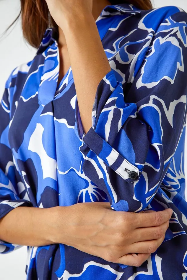 Royal Blue Floral Print VNeck Pleat Front Top Women Roman Tops