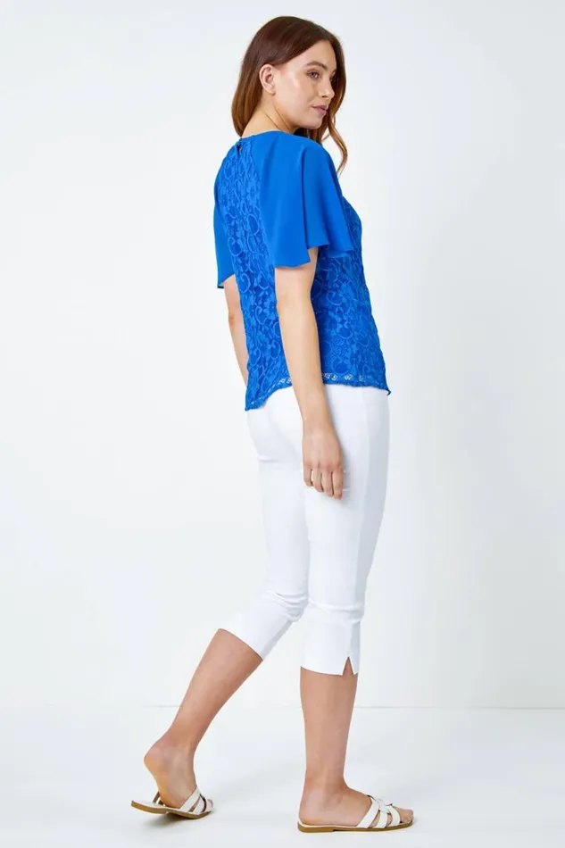 Royal Blue Lace Chiffon Sleeve Shell Top Women Roman Tops