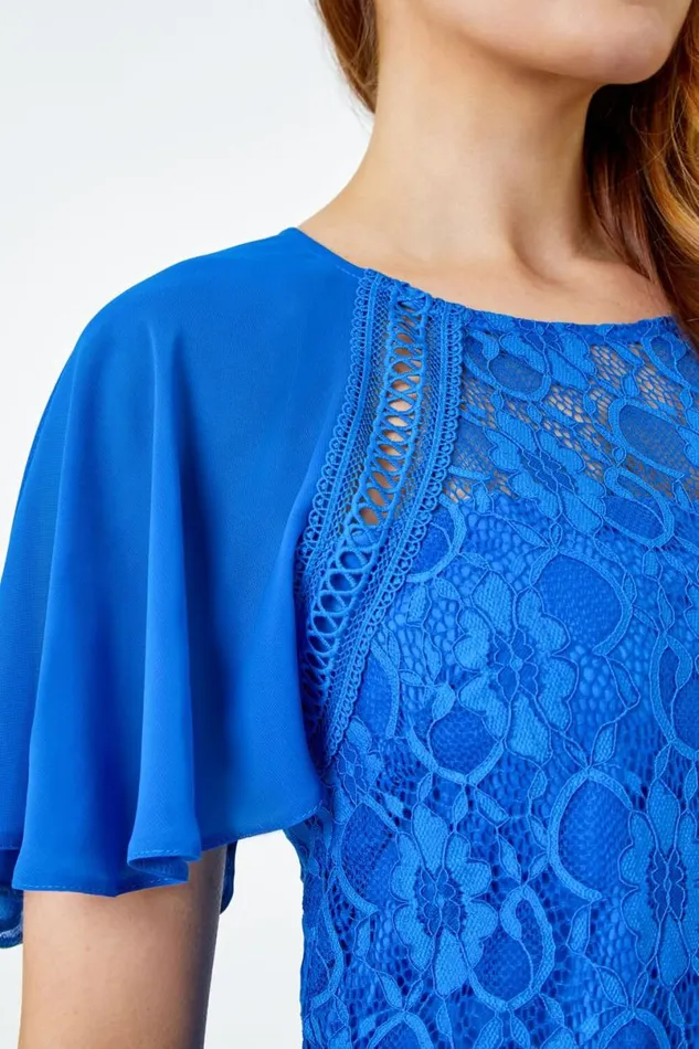 Royal Blue Lace Chiffon Sleeve Shell Top Women Roman Tops