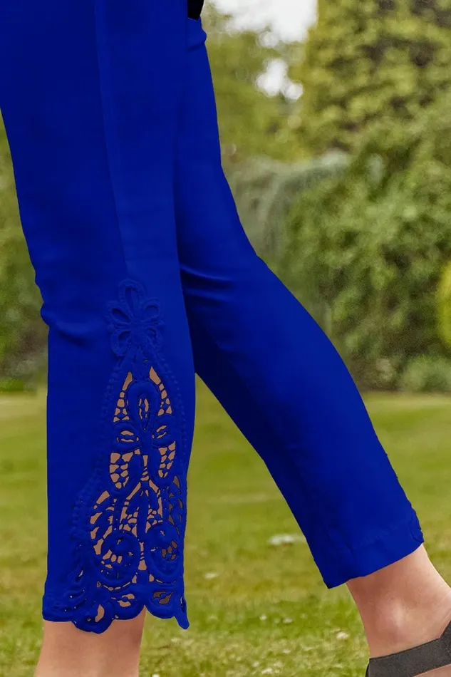 Royal Blue Lace Insert Elastic Waist Cropped Trouser Women Roman Trousers