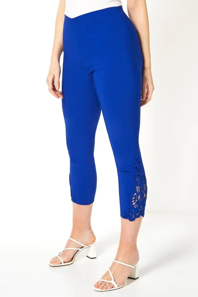 Royal Blue Lace Insert Elastic Waist Cropped Trouser Women Roman Trousers