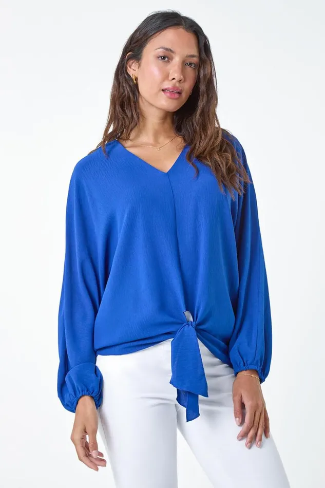 Royal Blue Plain Long Sleeve Tie Front Top Women Roman Tops