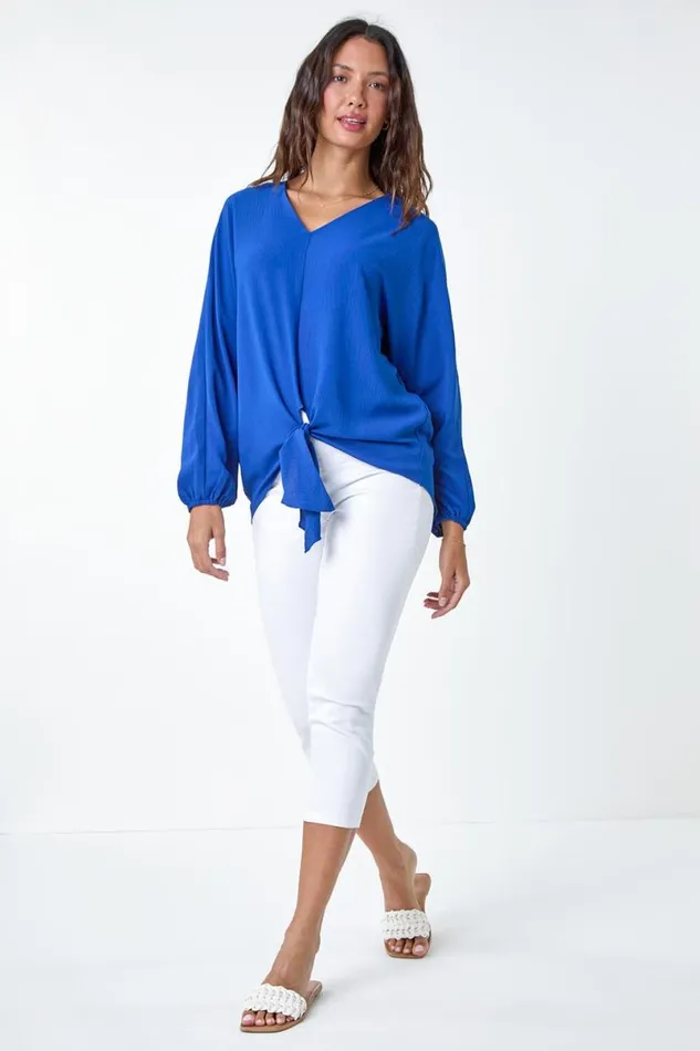 Royal Blue Plain Long Sleeve Tie Front Top Women Roman Tops