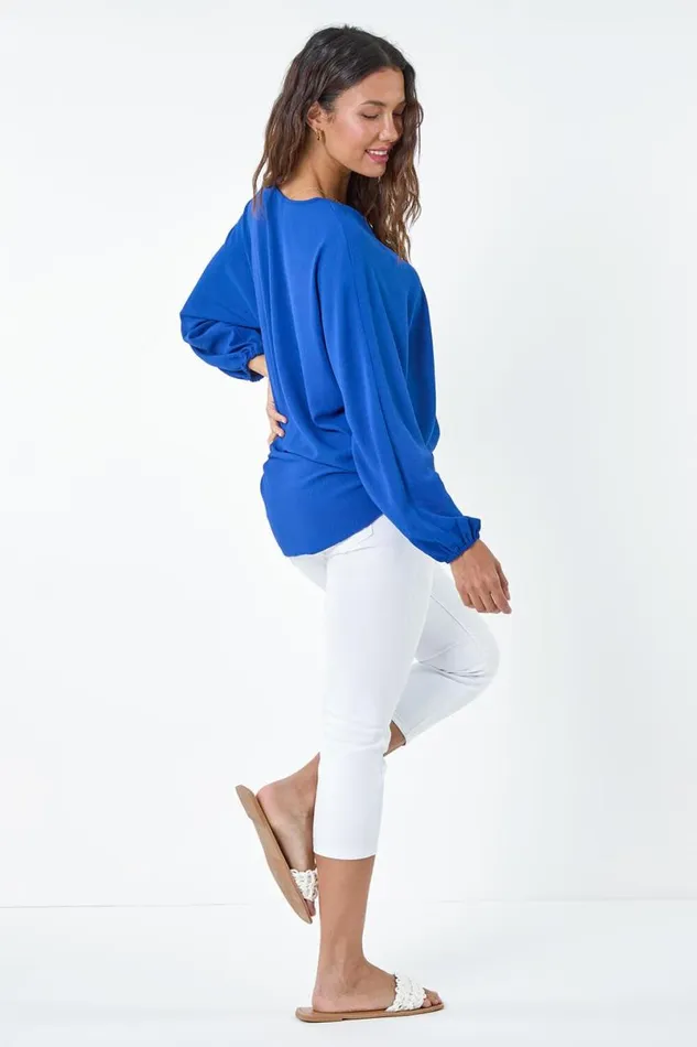 Royal Blue Plain Long Sleeve Tie Front Top Women Roman Tops