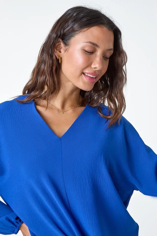 Royal Blue Plain Long Sleeve Tie Front Top Women Roman Tops
