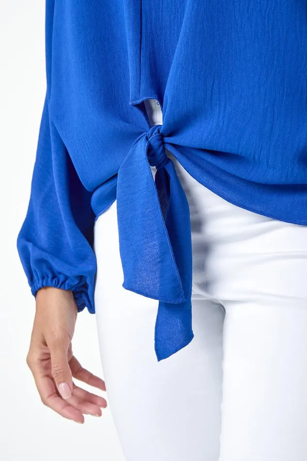 Royal Blue Plain Long Sleeve Tie Front Top Women Roman Tops