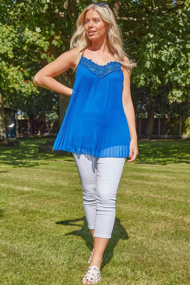Royal Blue Pleated Lace Trim Cami Top Women Roman Tops