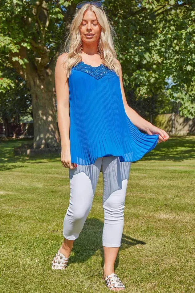 Royal Blue Pleated Lace Trim Cami Top Women Roman Tops